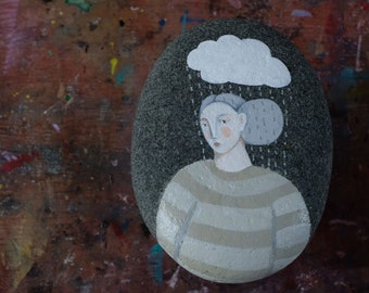 Raindrops Keep Falling on my Head, painted stone, original and functional art, painting, paperweight