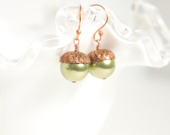 Acorn Earrings , Fall earrings , Swarovski Pearl earrings , Big Swarovski Pearls earrings , Nature jewelry