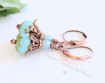 Copper Earrings, Czech Turquoise Glass Beads, Swarovski Crystal, Rhinestone Spacers, Victorian Earrings, Flower Earrings, Blue Earrings