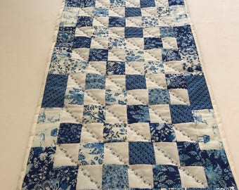 Blue and White Table Runner, Blue Table Runner, White Table Runner,White With Blue Fabric, Quilted Table Runner, Patchwork Table Runner,OOAK