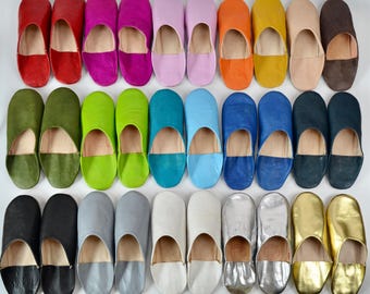 Womens Moroccan Leather Babouche Slippers, Handmade Slippers, Sheepskin Slippers, Womens Leather Slippers, Babouche, Mules, 18 Colours!