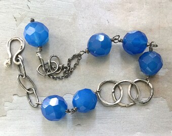 Blue Chalcedony Bracelet - Oxidized Sterling Silver Link Bracelet - Rustic Silver Bracelet - Metalwork Bracelet