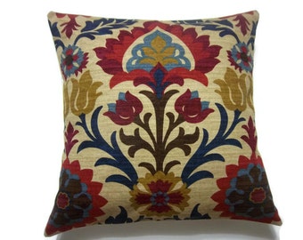 Decorative Pillow Cover Ikat Crimson Red Gold Navy Blue Light Blue Camel Same Fabric Front/Back Toss Throw Accent Cover 18x18 inch x