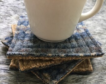 Wool Coasters BLUE & BEIGE Fair Isle Set of 4 Eco-Friendly Recycled Mug Rugs