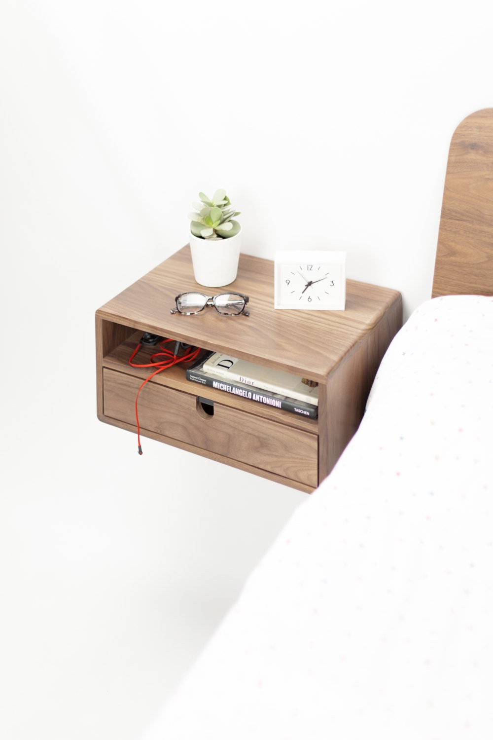 Walnut Floating nightstand bedside table drawer in solid walnut mid century modern