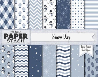 Snow Day Digital Paper Pack, Snowman Scrapbook Paper, Blue & White, Snowflakes, Stripes, Chevron, Mittens, Argyle, Commercial Use, Download