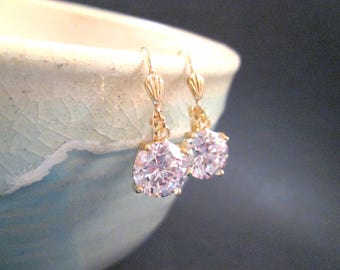 Cubic Zirconia Earrings, White and Gold Dangle Earrings, FREE Shipping U.S.