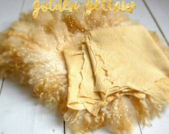 Golden Yellow Christmas set , Curly Round Felted Blanket Newborn Photography Props Wool Stuffer