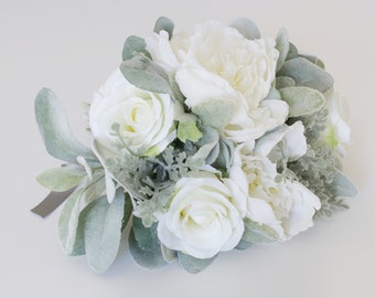 White Bride Bouquet, Artificial Wedding Flower Bouquet, Silk Flower Garden Bouquet, Winter Wedding Flowers, Fake Flowers for Weddings