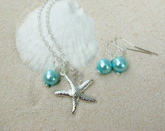 Bridesmaid Jewelry Necklaces and Earrings Aqua Blue Pearl Wedding Jewelry Starfish Necklaces Beach Wedding