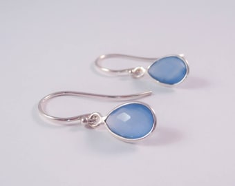 sterling silver chalcedony tear drop earrings, sterling silver chalcedony earrings, chalcedony earrings, blue gem earrings, gift for her,