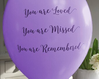 25 Purple 'You are Loved, Missed, Remembered' Funeral Remembrance Balloons. 100% Biodegradable. Celebration of Life, Memorial, Anniversary.