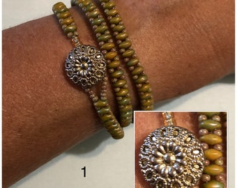 Green and golden beaded wrap bracelet
