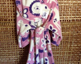 Robe, pink/purple/cream safai animal cozy fleece, handmade, cuddle soft fleece, personalized, hooded toddler robe, Product ID# G-048