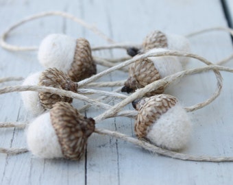 Set of 6 Winter White Wool Needle Felted Acorn Ornaments with Jute Hangers