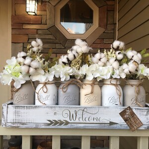mason jar centerpiece, grey mason jars, cotton decor, cotton wreath, entry way centerpiece, cotton centerpiece, farmhouse centerpiece, jars