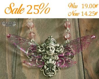 Fairy necklace. Elven necklace. Elf jewelry. Fairy jewelry. Pink wings jewelry. Silver plated. Fairy wings necklace. Fantasy necklace
