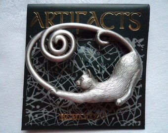 Vintage Signed JJ Silver pewter Cat playing with Ribbon Brooch/Pin