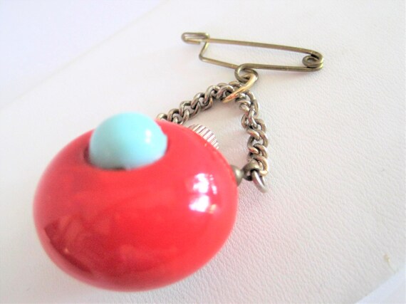 Bakelite Perfume Bottle Brooch, RARE Hanging Brooch, Mid Century Chatelaine, Red Turquoise Pin