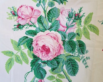 Vintage Cyrus Clark Chintz Floral Fabric "Suprema", 1987. Cabbage Rose, Pink, Green, on a crisp white background, Fabric Remnant
