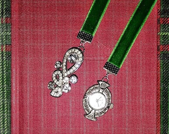 Emerald Green Velvet Bookmark with Vintage Timepiece