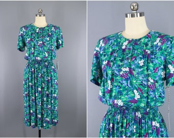 Vintage 1980s Dress / 80s Floral Print Day Dress / Secretary Dress / Garden Party Dress