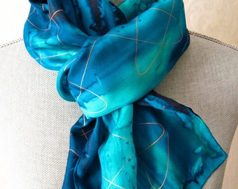 Ocean Blues with Gold Handpainted Silk Scarf, Mother's Day Gift, Gift Packaged and Ready to Ship