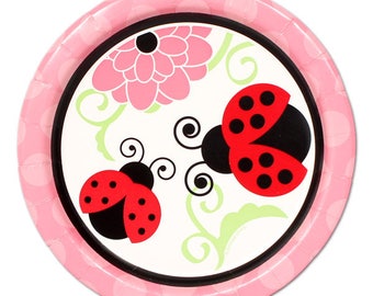 Ladybug Party Paper Plates/ Small Dessert Plates/ Ladybug Birthday, Baby Shower, 1st Birthday/ Ladybugs and Flowers/ Ladybirds/ 8 Count - 7"