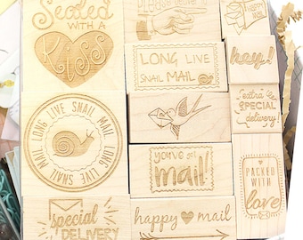 Happy Mail Engraved Wood Rubber Stamp Set, Happy Mail Stamps, Happy Mail Stamp Set, Snail Mail Stamps, 12-pc. Stamp Set in 5x5 Acetate Box