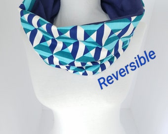 Infinity Scarf in Geometric & Navy Blue Scarf Neck Warmer Reversible Cowl Neck Scarves Colorful Snood Gift for Him Gift for Her