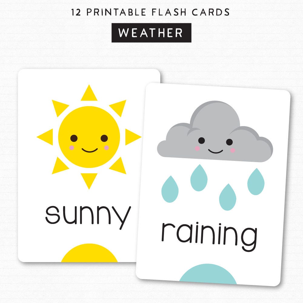 Kids Flash Cards Learn Weather Printable Cards 12 Cute