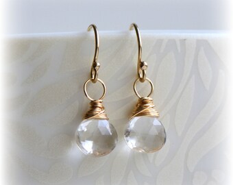 April Birthstone Earrings, Tiny Quartz Earrings, Quartz Crystal Dangle Earrings, Crystal & Gold, Small Quartz Dangle Earrings, Gift for Her
