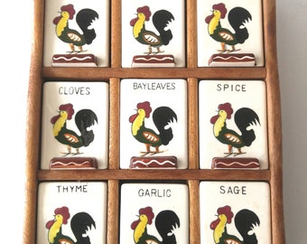 Vintage SPICE RACK "Roosters" Ceramic Jars, Mid Century, Japan