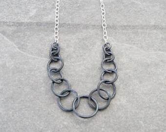 silver necklace, metalwork, sterling chain, torch fused fine silver rings, minimalist silver necklace