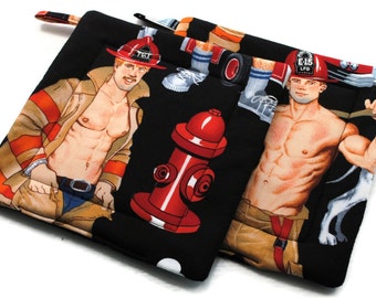 Quilted Pot holders Hot Firefighers in Black set of 2 Potholders