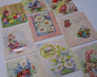 Vintage Greeting Card Lot-Ephemera-Mixed Media-Paper-Crafts-Scrap Booking-Floral-Set of 9-1940's-UNUSED