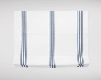 French Ticking Roman Shades Blue White Stripe French Country Cordless Child Safe Custom Widths Kitchen Bathroom Valance Blue Ticking Grey