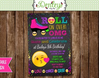 Emoji Skate Party Birthday Invitation, Emoji Skating Party, Emoji Skate Invite, Tween Emoji Party (EM08)