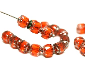 6mm Orange Cathedral Czech Glass beads Dark Orange red fire polished round beads silver ends - 20Pc - 1033
