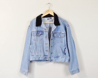 90s Denim Jacket, 90s Jean Jacket, Vintage Denim Jacket, Black Velvet Collar Jacket, Vintage 90s Soft Grunge Jacket, Oversized Denim Jacket