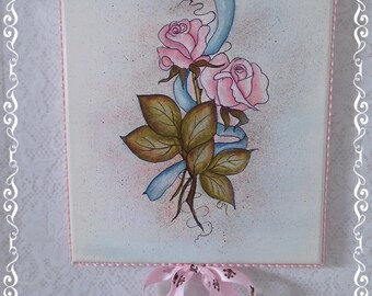 Pretty Watercolor and Ink Style Rose and Ribbon Hand Painting on Stretched Canvas with Edge Trims and French Ribbon, Wall Art, ECS