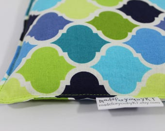 Rectangle Rice Bag - 6.5 x 10 inches, hot or cold therapy pack, rice heating pad, green and blue quatrefoil pattern
