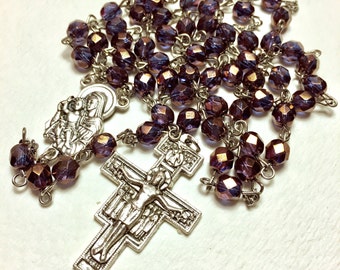SALE! Catholic Rosary San Damiano crucifix indigo rose gold patina antiqued Czech glass beads
