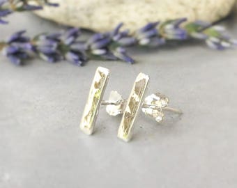 Silver feather, hammered silver bar earrings, hammered silver, small silver bar studs