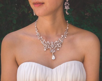 Vintage Bridal Jewelry Set, Floral Wedding Necklace Set, Gatsby Bridal Necklace, Crystal Rhinestone Necklace Earrings, Wedding Jewelry