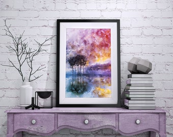 Abstract Trees Reflected on Water, Rouge Pink, Lilac Purple and Cerulean Blue Shades, Watercolor, Printable, Home Decor Wall Art