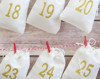 Advent Calendar - Garland Kit With Mini Clothespins and String - Christmas Countdown - 25 Numbered Muslin Fabric Advent bags