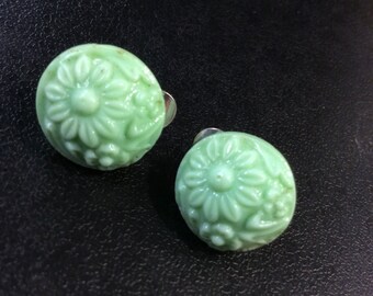 Silver clip on earrings with green glass