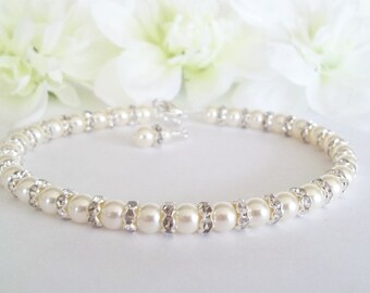 Bridal Anklet,Pearl Anklet, White Pearl Bridal Anklet,White Pearl,Ivory Pearl Anklet,Rhinestones, Beaded Anklet,Wedding Accessory,Swarovski