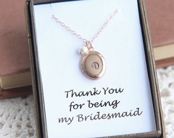 Bridesmaid Gift, Bridesmaid Necklace, Locket Necklace, Personalized Locket Necklace, Initial Locket, Rose Gold Oval Locket, Flower Girl Gift